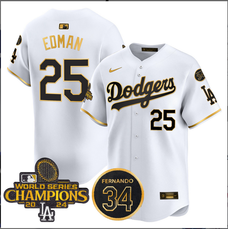 Men MLB Los Angeles Dodgers 25 Edman white 2024 World Series Champions Patch Limited Jersey style 4